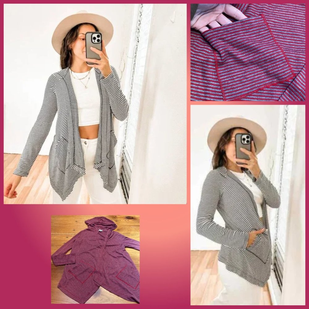 SPLENDID S Red/Gray Stripe Open Cardigan Hooded Ribbed Pockets Lagenlook Asymm